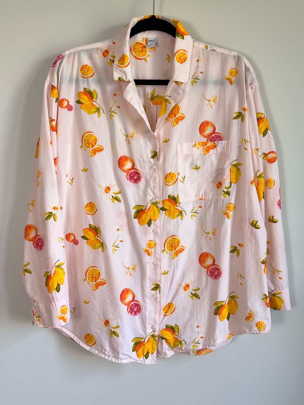 Cotton Blend Blush Button Down Summer Shirt with Orange & Yellow Citrus Print